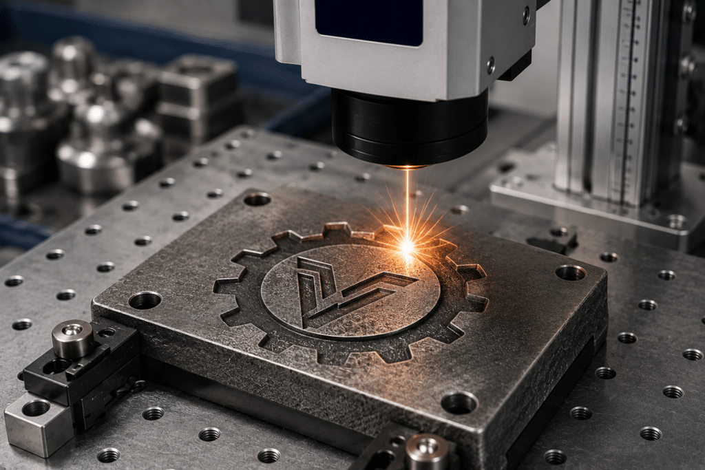50W fiber lazer ile metal parça üzerinde derin markalama uygulaması