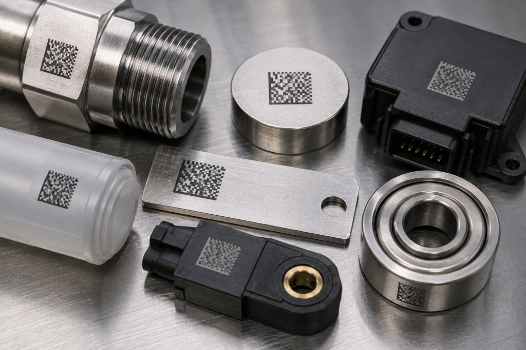 Metal ve plastik parçalar üzerinde ürün izlenebilirliği için Data Matrix kodlama örnekleri