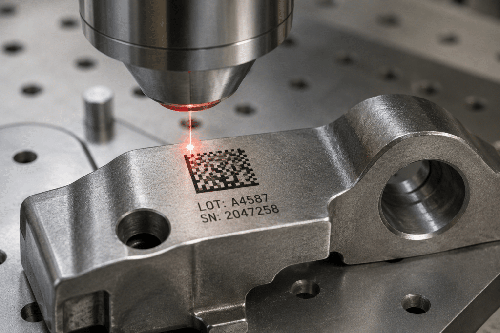 Metal endüstriyel parça üzerine lazer ile Data Matrix kod ve seri numarası markalama