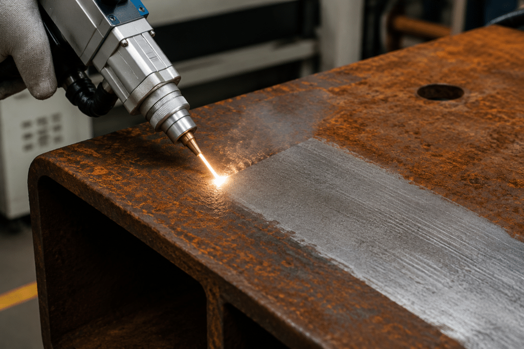 Paslı metal yüzeyin el tipi lazer temizleme sistemiyle kontrollü olarak temizlenmesi