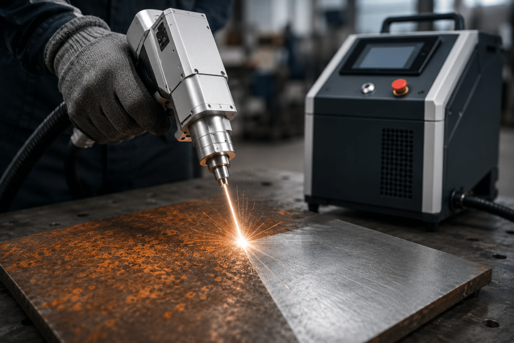 Paslı metal yüzey üzerinde lazer pas temizleme makinesi ile temizlik uygulaması