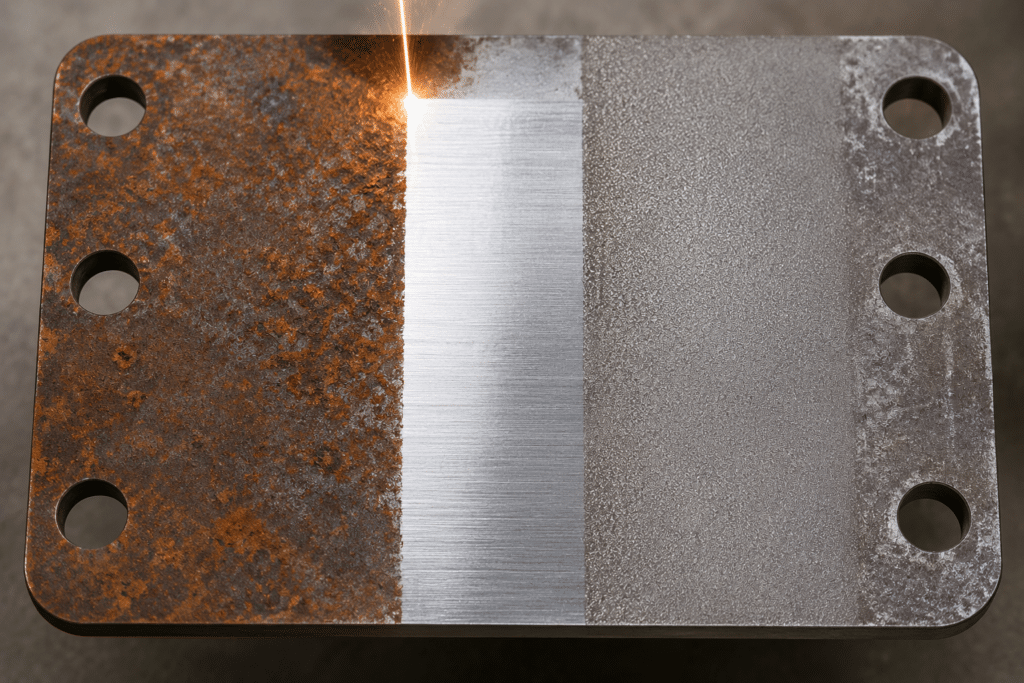 Paslı metal yüzey üzerinde lazer pas temizleme ve kumlama uygulamalarının karşılaştırılması