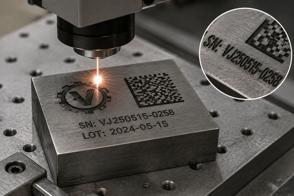 Metal üzerine fiber lazer ile derin logo, seri numarası ve Data Matrix markalama