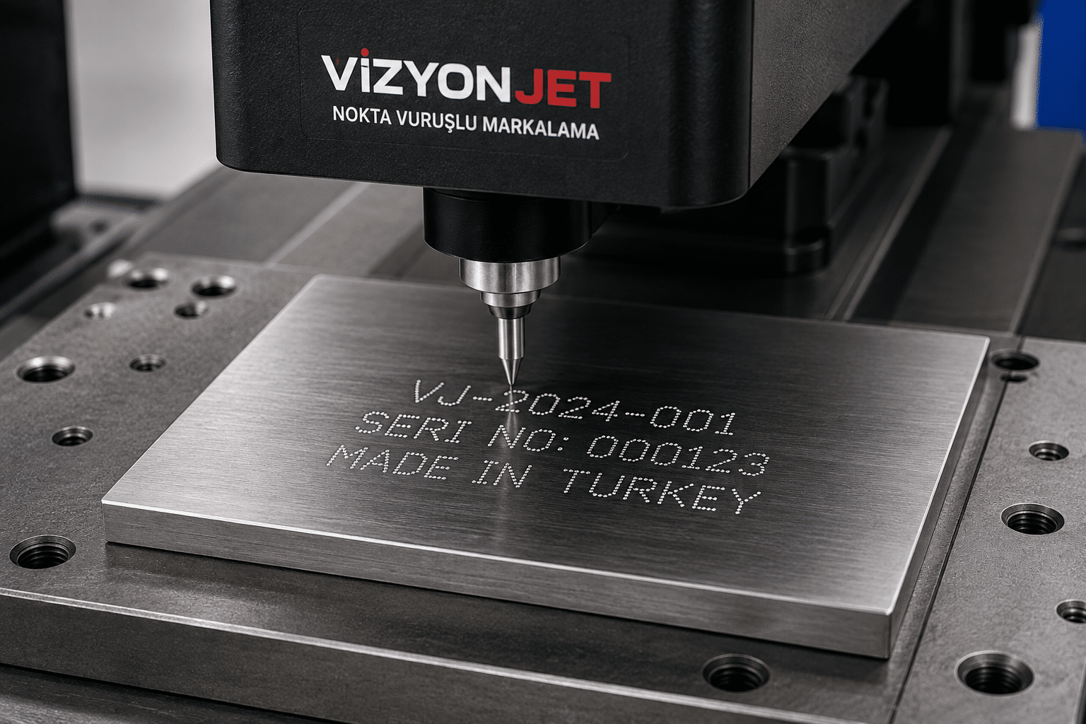 Nokta vuruşlu markalama makinesi ile metal plaka üzerine seri numarası işaretleme