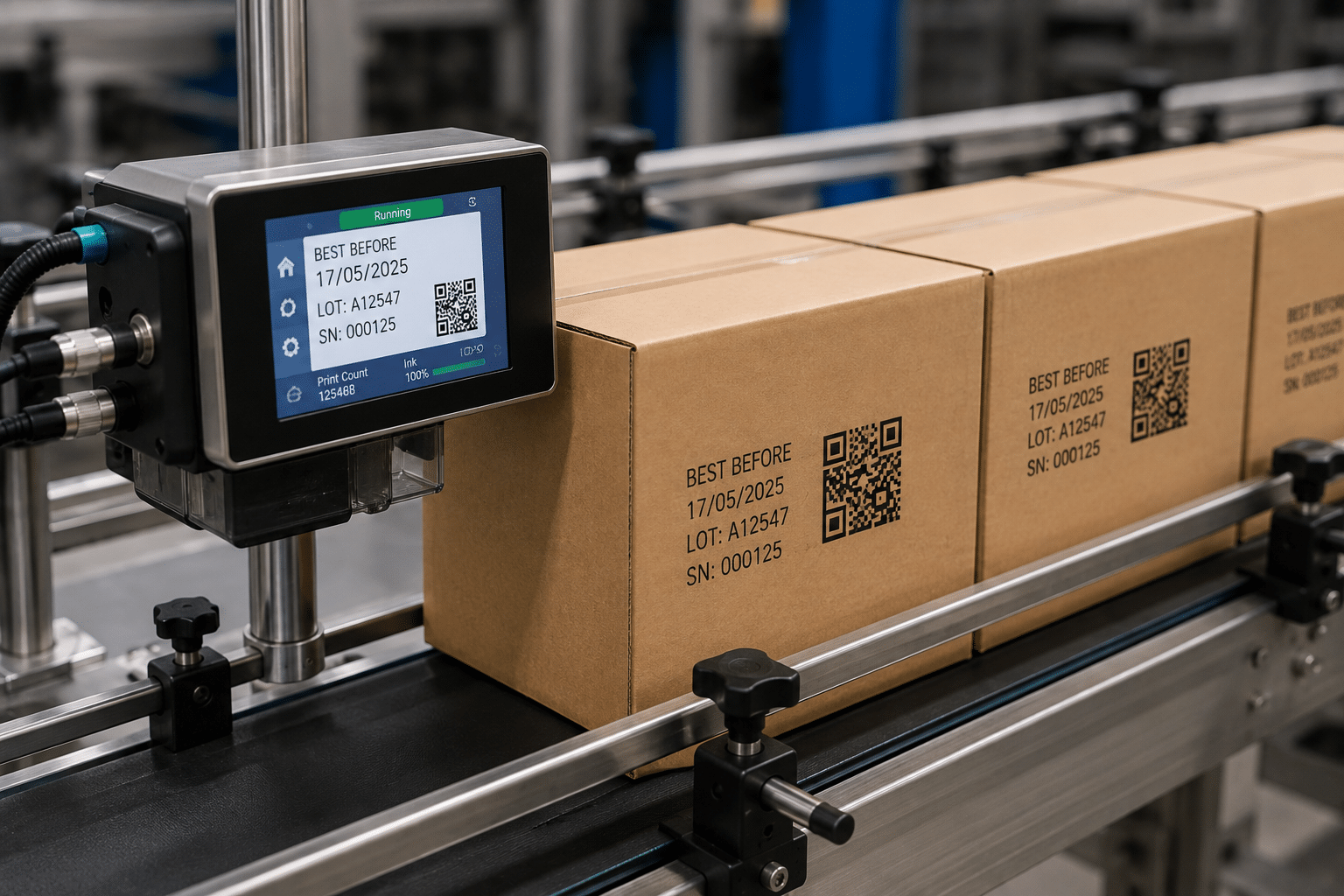 TIJ inkjet kodlama makinesi ile karton kutu üzerine QR kod, tarih, lot ve seri numarası baskısı